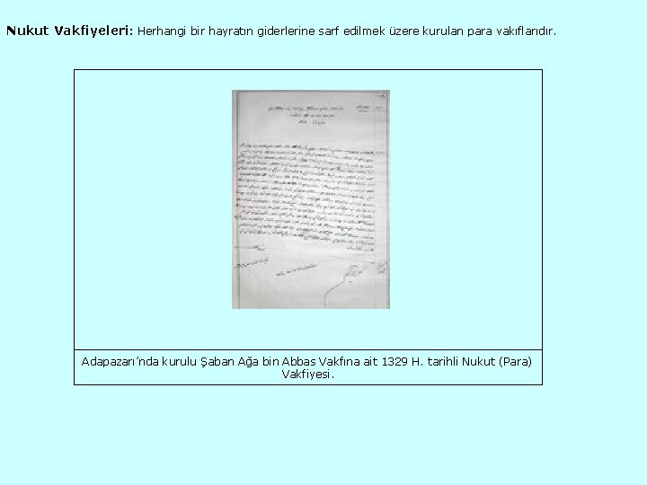 Nukut Vakfiyeleri: Herhangi bir hayratın giderlerine sarf edilmek üzere kurulan para vakıflarıdır. Adapazarı’nda kurulu