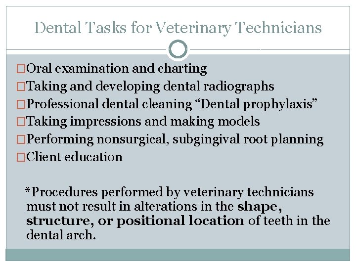 Dental Tasks for Veterinary Technicians �Oral examination and charting �Taking and developing dental radiographs