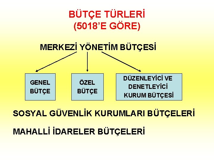 BÜTÇE TÜRLERİ (5018’E GÖRE) MERKEZİ YÖNETİM BÜTÇESİ GENEL BÜTÇE ÖZEL BÜTÇE DÜZENLEYİCİ VE DENETLEYİCİ