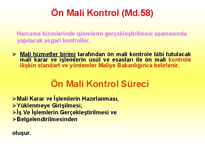 Ön Mali Kontrol (Md. 58) Harcama birimlerinde işlemlerin gerçekleştirilmesi aşamasında yapılacak asgarî kontroller, Ø