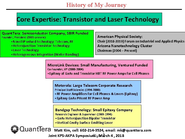 History of My Journey Core Expertise: Transistor and Laser Technology Quant. Tera: Semiconductor Company,