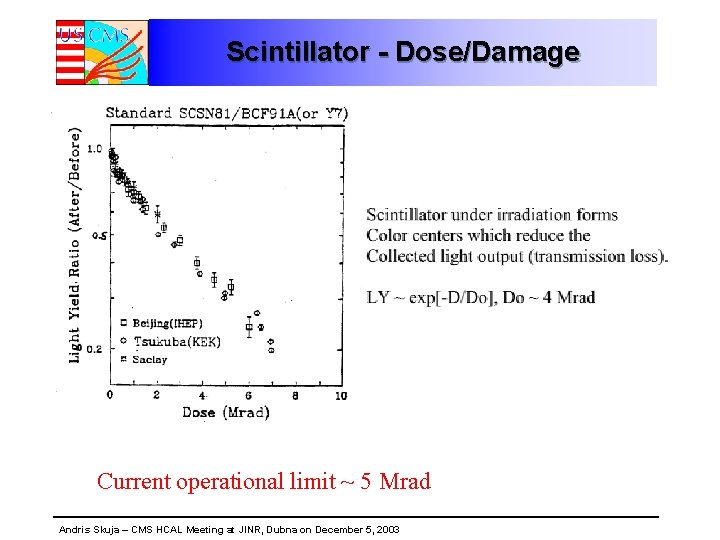 Scintillator - Dose/Damage Current operational limit ~ 5 Mrad Andris Skuja – CMS HCAL