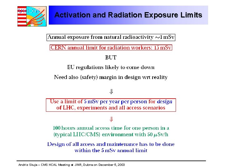 Activation and Radiation Exposure Limits Andris Skuja – CMS HCAL Meeting at JINR, Dubna