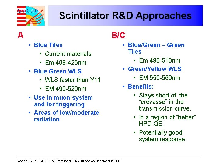 Scintillator R&D Approaches A B/C • Blue Tiles • Current materials • Em 408