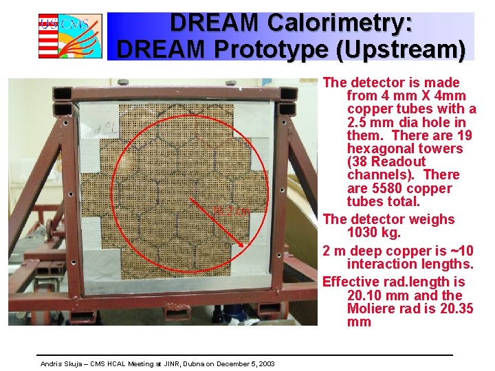 DREAM Calorimetry: DREAM Prototype (Upstream) 16. 2 cm Andris Skuja – CMS HCAL Meeting