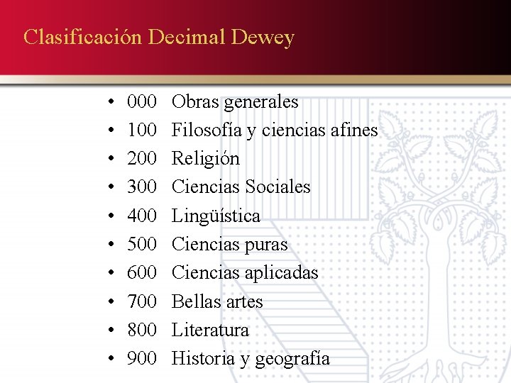 Clasificación Decimal Dewey • • • 000 100 200 300 400 500 600 700