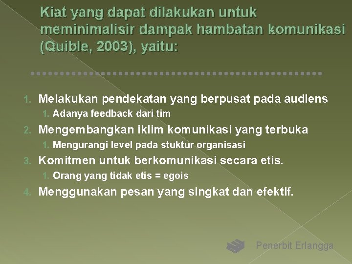 Kiat yang dapat dilakukan untuk meminimalisir dampak hambatan komunikasi (Quible, 2003), yaitu: 1. Melakukan