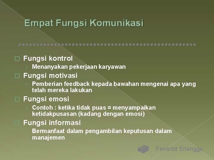 Empat Fungsi Komunikasi � Fungsi kontrol › Menanyakan pekerjaan karyawan � Fungsi motivasi ›