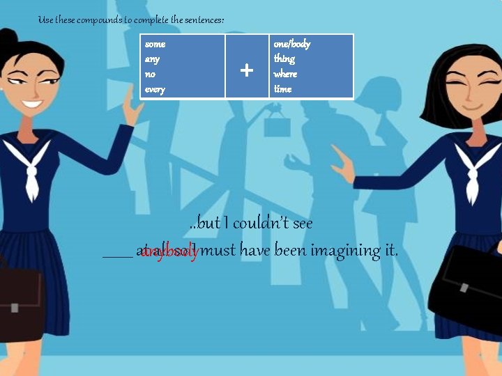 Use these compounds to complete the sentences: some any no every + one/body thing Use these compounds to complete the sentences: some any no every + one/body thing