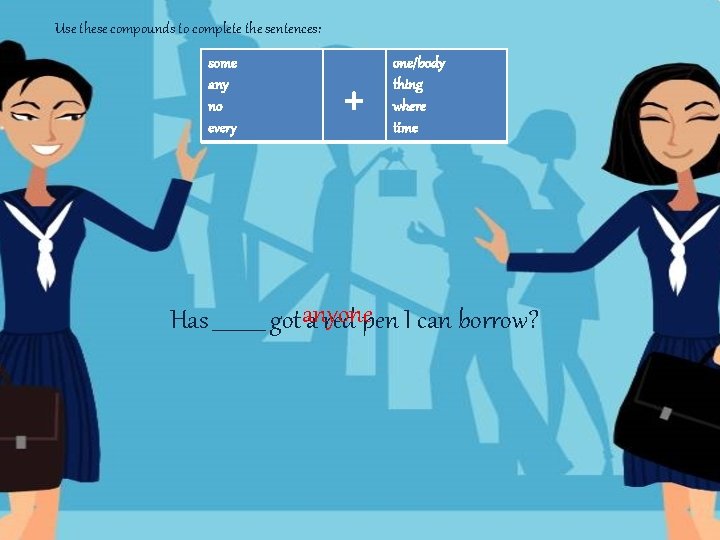 Use these compounds to complete the sentences: some any no every + one/body thing Use these compounds to complete the sentences: some any no every + one/body thing