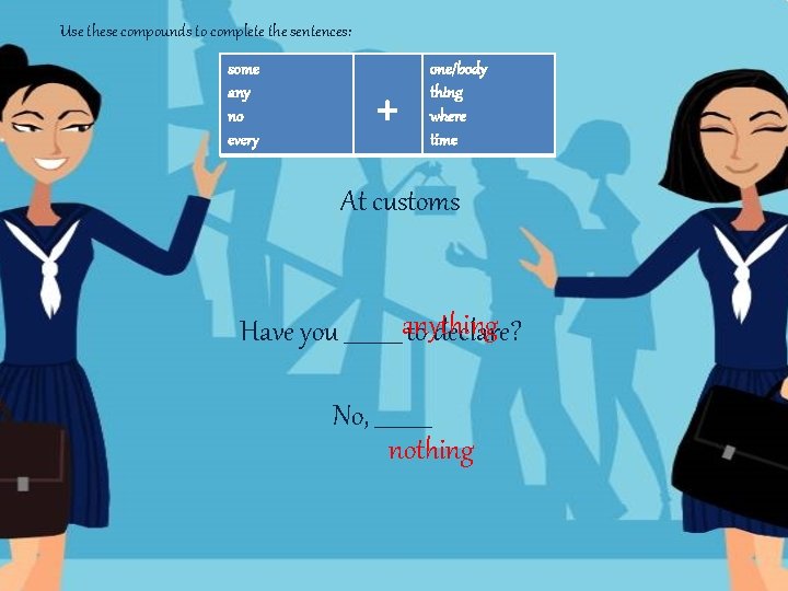 Use these compounds to complete the sentences: some any no every + one/body thing