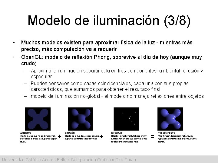 Modelo de iluminación (3/8) • • Muchos modelos existen para aproximar fisica de la