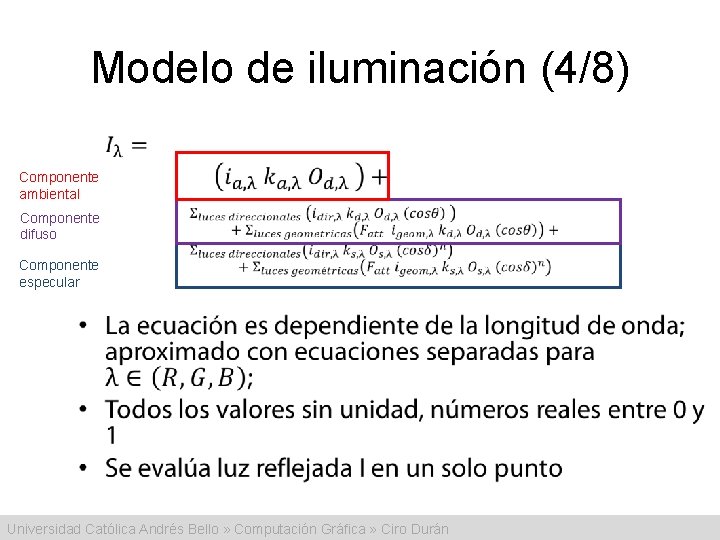 Modelo de iluminación (4/8) • Componente ambiental Componente difuso Componente especular Universidad Católica Andrés