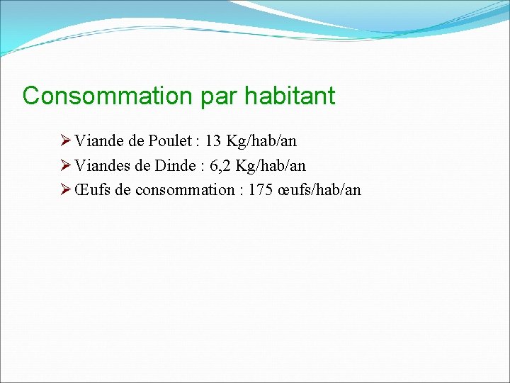 Consommation par habitant Ø Viande de Poulet : 13 Kg/hab/an Ø Viandes de Dinde