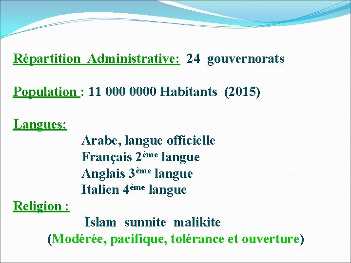 Répartition Administrative: 24 gouvernorats Population : 11 0000 Habitants (2015) Langues: Arabe, langue officielle