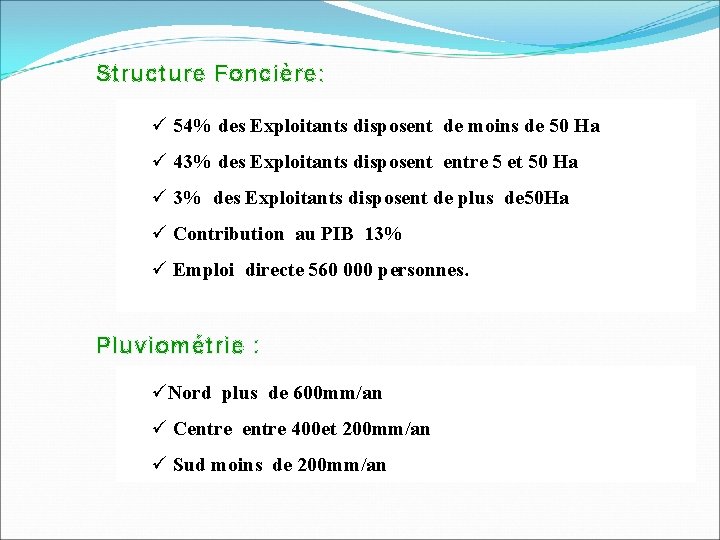 Structure Foncière: ü 54% des Exploitants disposent de moins de 50 Ha ü 43%