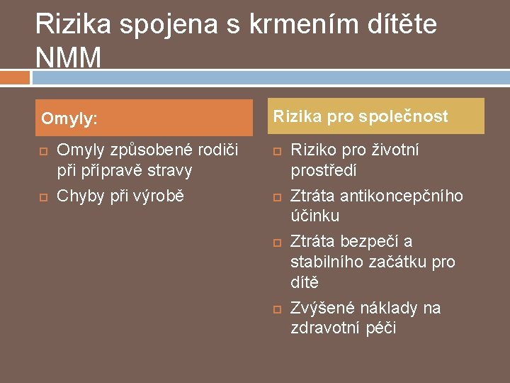 Rizika spojena s krmením dítěte NMM Omyly: Omyly způsobené rodiči přípravě stravy Chyby při