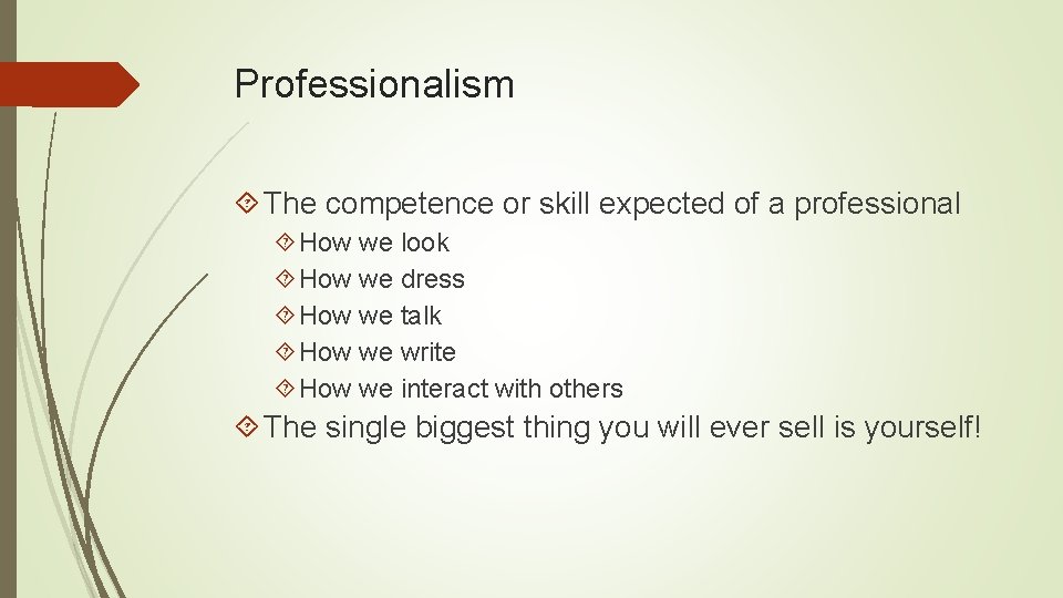 Professionalism The competence or skill expected of a professional How we look How we