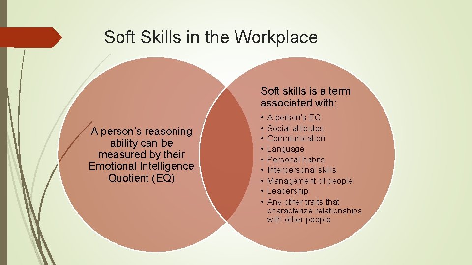 Soft Skills in the Workplace Soft skills is a term associated with: A person’s