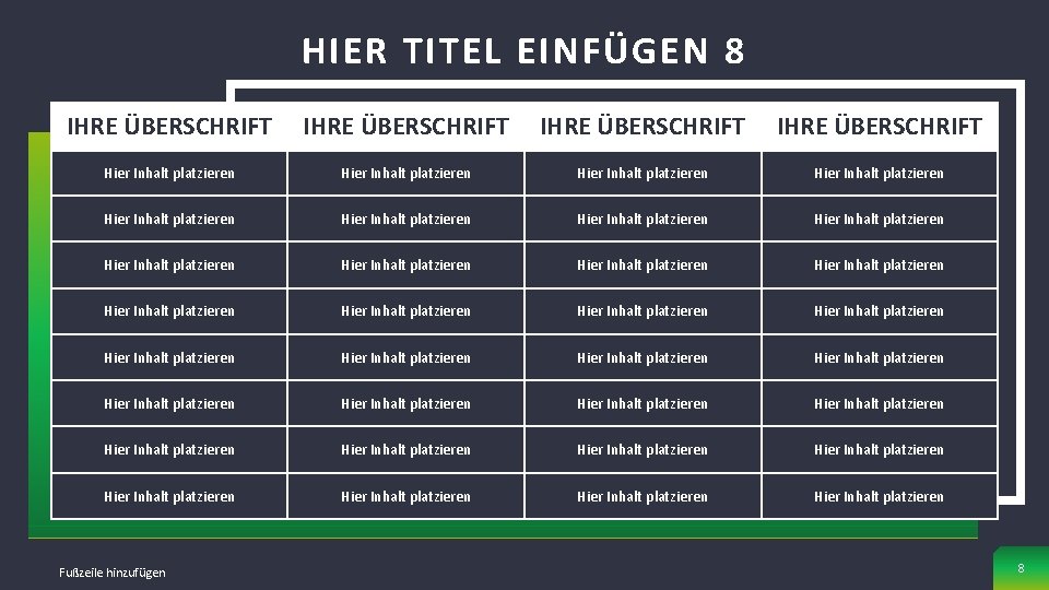 HIER TITEL EINFÜGEN 8 IHRE ÜBERSCHRIFT Hier Inhalt platzieren Hier Inhalt platzieren Hier Inhalt
