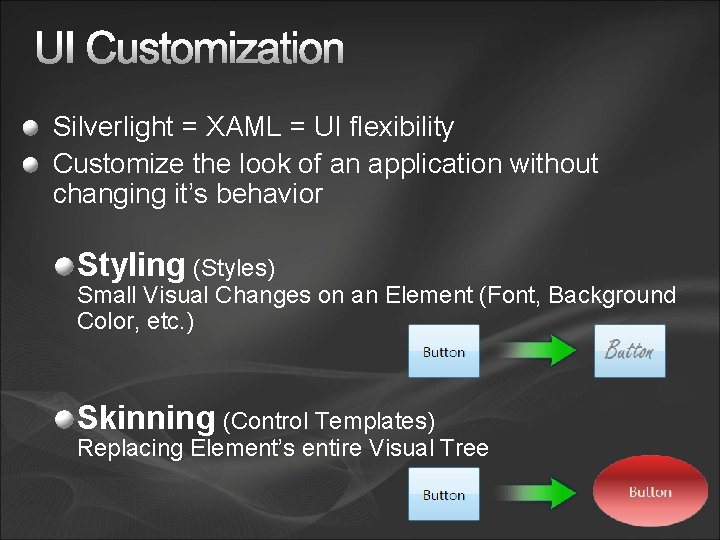 Silverlight = XAML = UI flexibility Customize the look of an application without changing