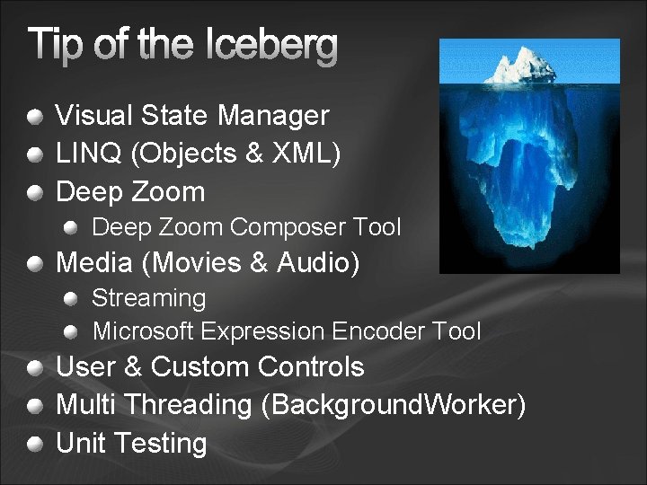 Visual State Manager LINQ (Objects & XML) Deep Zoom Composer Tool Media (Movies &