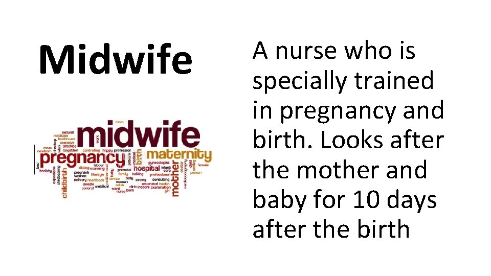 Midwife A nurse who is specially trained in pregnancy and birth. Looks after the