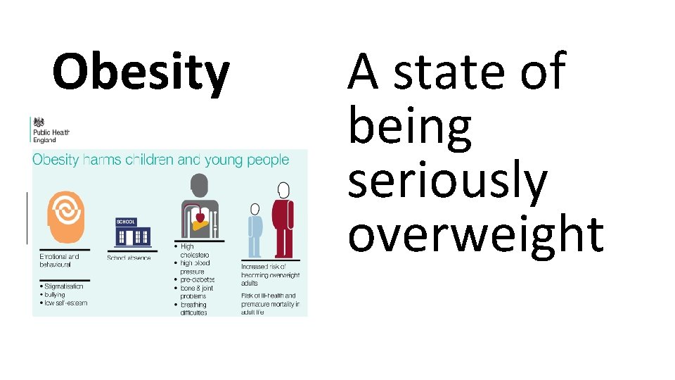 Obesity A state of being seriously overweight Obesity A state of being seriously overweight