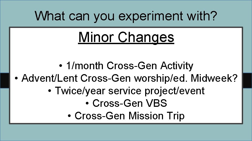 What can you experiment with? Minor Changes • 1/month Cross-Gen Activity • Advent/Lent Cross-Gen