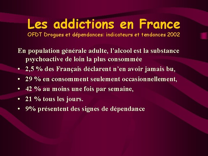 Les addictions en France OFDT Drogues et dépendances: indicateurs et tendances 2002 En population
