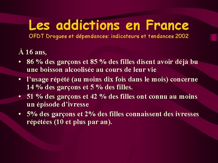 Les addictions en France OFDT Drogues et dépendances: indicateurs et tendances 2002 À 16