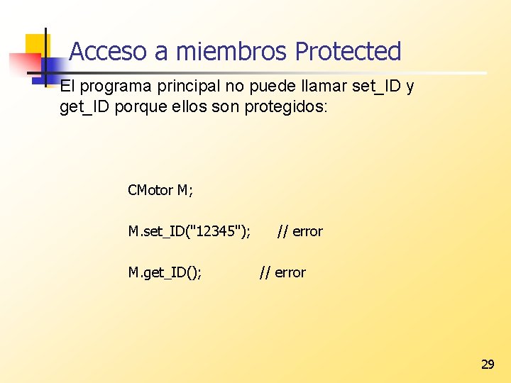 Acceso a miembros Protected El programa principal no puede llamar set_ID y get_ID porque