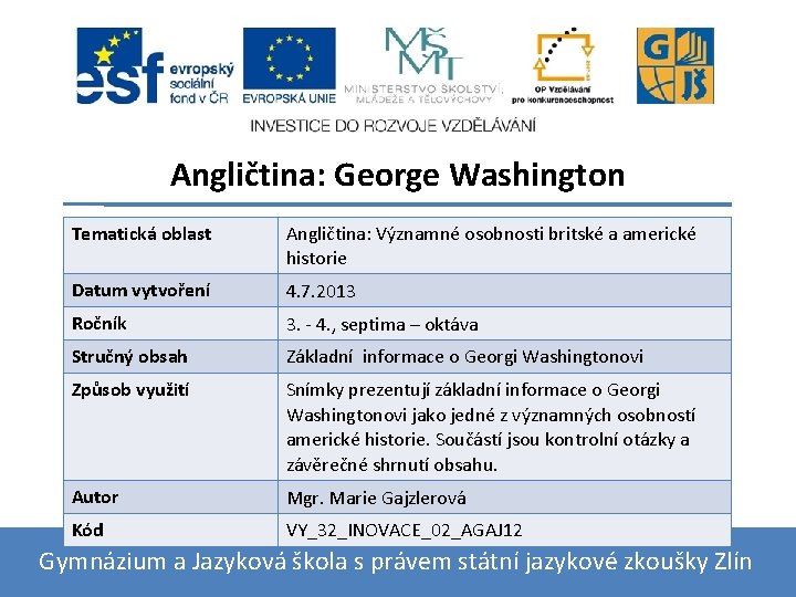 Angličtina: George Washington Tematická oblast Angličtina: Významné osobnosti britské a americké historie Datum vytvoření