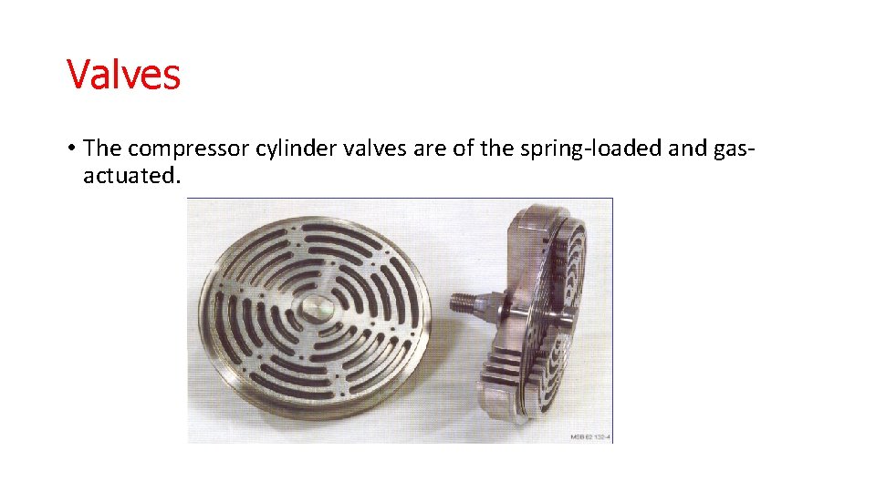 Valves • The compressor cylinder valves are of the spring-loaded and gasactuated. 