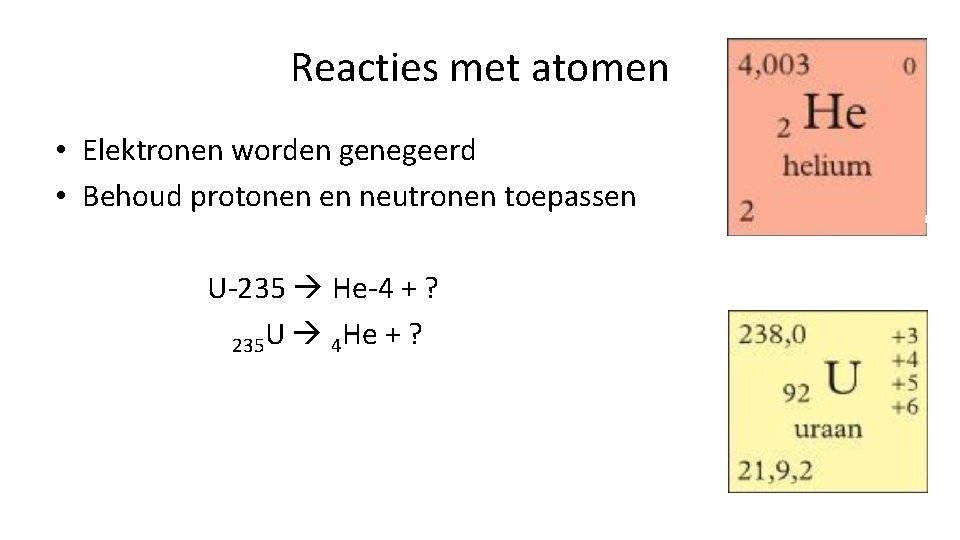 Reacties met atomen • Elektronen worden genegeerd • Behoud protonen en neutronen toepassen U-235