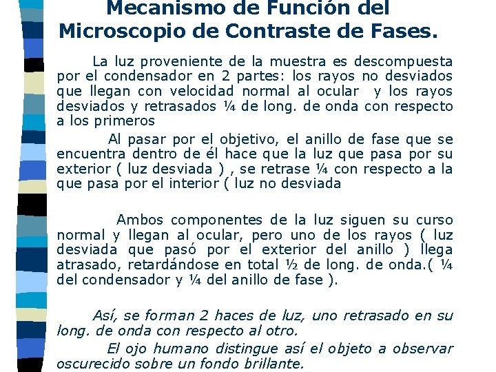 Mecanismo de Función del Microscopio de Contraste de Fases. La luz proveniente de la