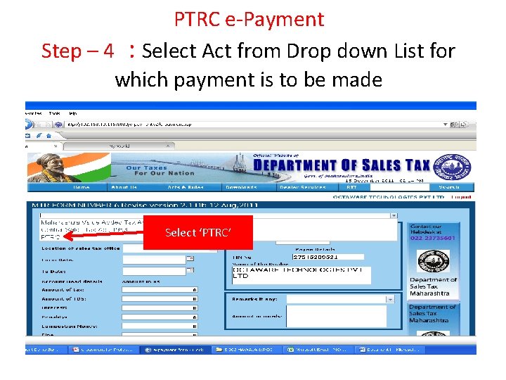 PTRC e-Payment Step – 4 : Select Act from Drop down List for which