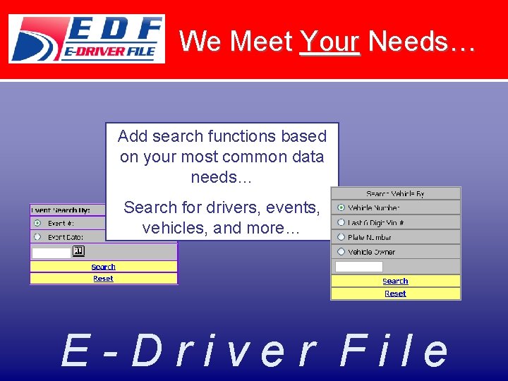 We Meet Your Needs… Add search functions based on your most common data needs…