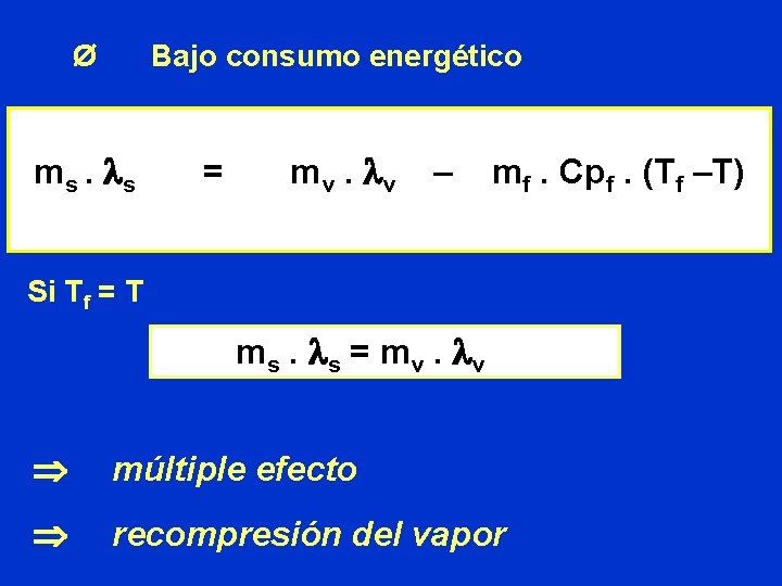 Ø Bajo consumo energético ms. l s = m v. lv – mf. Cpf.