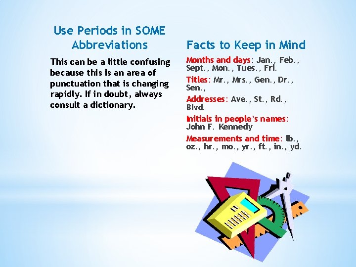 Use Periods in SOME Abbreviations This can be a little confusing because this is