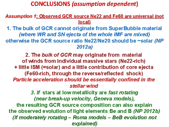 CONCLUSIONS (assumption dependent) Assumption 1: Observed GCR source Ne 22 and Fe 60 are