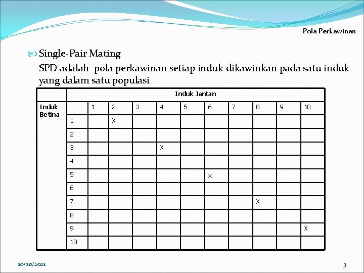 Pola Perkawinan Single-Pair Mating SPD adalah pola perkawinan setiap induk dikawinkan pada satu induk