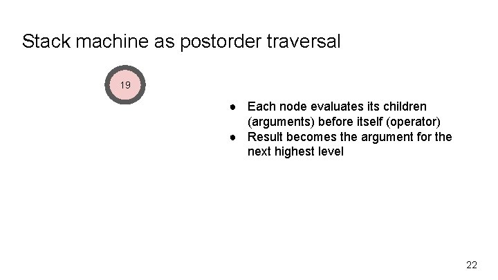 Stack machine as postorder traversal 19 ● Each node evaluates its children (arguments) before