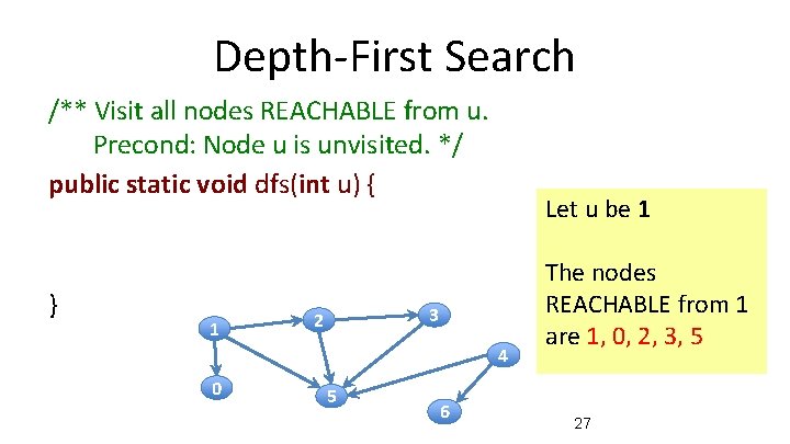 Depth-First Search /** Visit all nodes REACHABLE from u. Precond: Node u is unvisited.