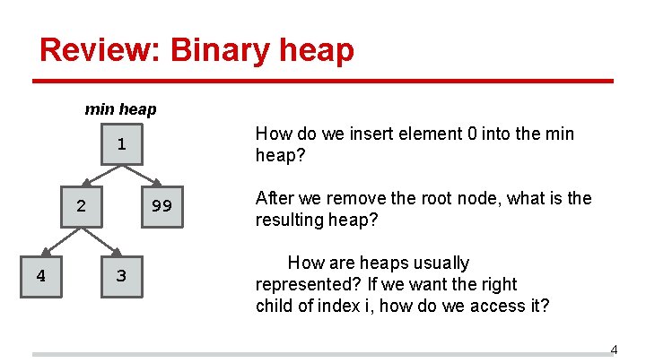 Review: Binary heap min heap How do we insert element 0 into the min