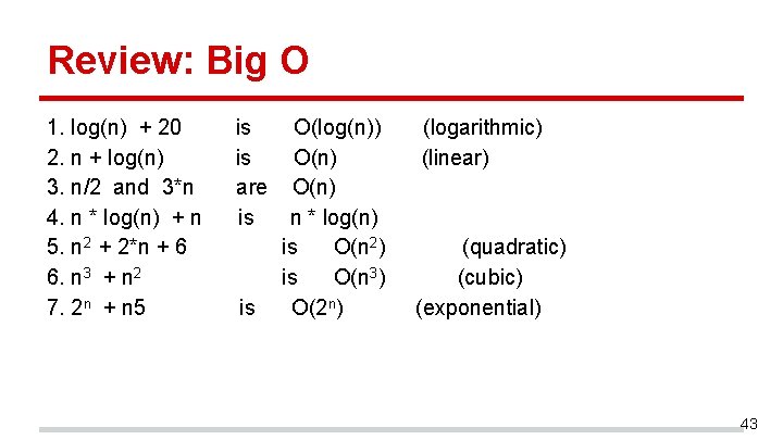 Review: Big O 1. log(n) + 20 2. n + log(n) 3. n/2 and