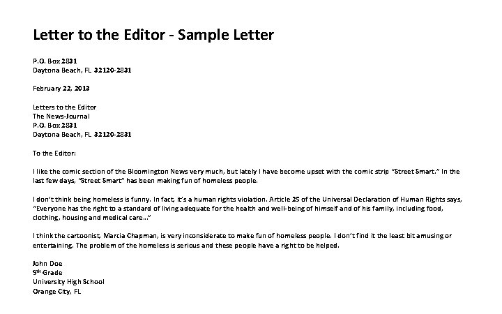Letter to the Editor - Sample Letter P. O. Box 2831 Daytona Beach, FL