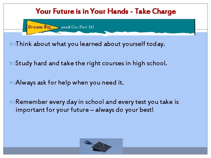 Your Future is in Your Hands - Take Charge Think about what you learned