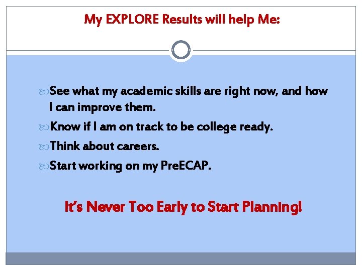 My EXPLORE Results will help Me: See what my academic skills are right now,