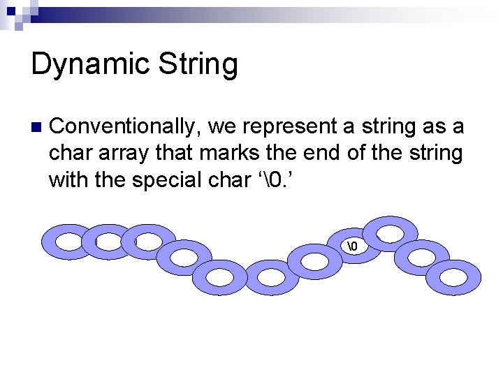 Dynamic String n Conventionally, we represent a string as a char array that marks